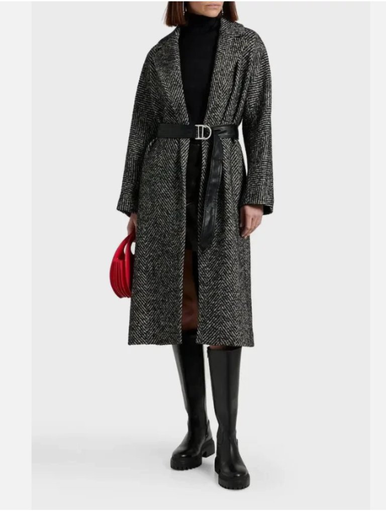 Maje Belted Herringbone Tweed Long Coat